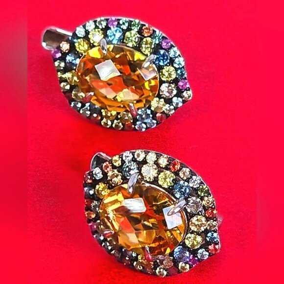 925 Sterling Silver Earrings with Natural Citrine & Sapphire Gemstone - Picture 1 of 8